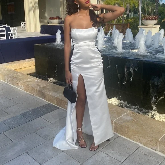 Dresses | Promformal Gown Floor Length White With Black Trim On The Sides  Worn Once | Poshmark